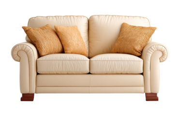 Cozy cream colored sofa with soft cushioned seats and three decorative orange pillows for comfortable seating