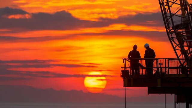 Two silhouettes of workers stand on a platform, gazing at a vibrant sunset that signifies the end of a day's hard work, embodying themes of labor and nature's beauty.