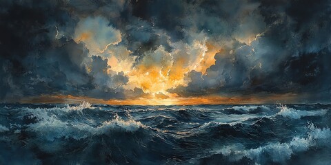 Fototapeta premium Dramatic ocean sunset with stormy clouds and crashing waves. Intense colors and textures.