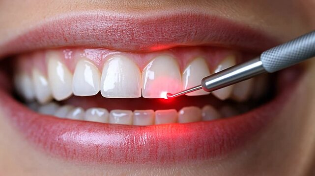 Dental laser treatment close up on woman's teeth with white smile view
