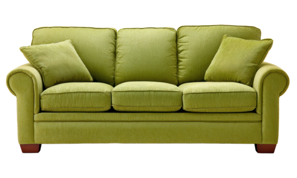 Cozy olive green sofa with soft cushions and pillows, perfect for comfortable seating in living room setting