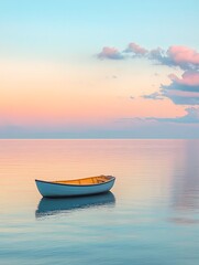 Naklejka premium Serene sunrise over calm water, single rowboat gently floats, peaceful pastel sky, tranquil scene.