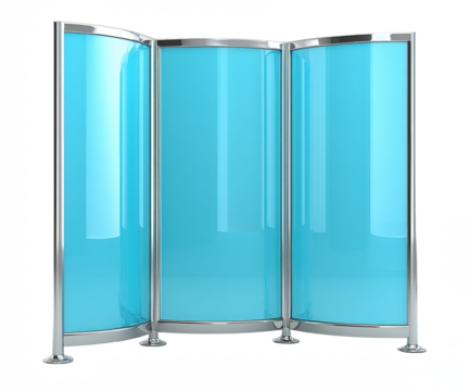 Modern decorative room divider with blue translucent panels and sleek metal frame, adding style and privacy to interiors