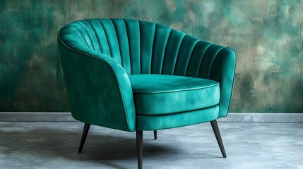 Stylish Green Velvet Armchair Against Dark Green Wall for Interior Design