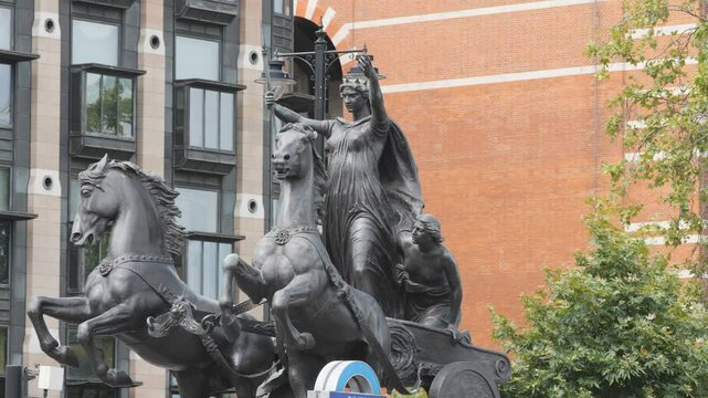 London, England, UK - August 10, 2024: A view of the Boadicea (Boudica) on a chariot Monument in London.