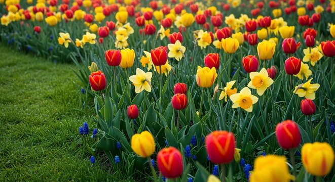 Beautiful spring flowers tulips daffodils floral display garden blossom bloom colorful vibrant fresh nature