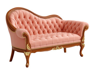 Luxurious blush pink chaise lounge with tufted upholstery and ornate wooden frame, perfect for elegant interior decor