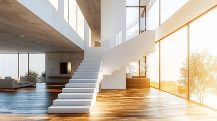 Obraz premium Modern home interior with white staircase, large windows, and hardwood floors