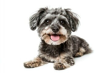 Happy gray dog lying down, looking directly at viewer.  Short, fluffy coat.  Pink tongue visible.  Friendly expression