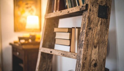 Rustic Wooden Ladder Bookshelf