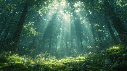 Fototapeta premium Sunbeams pierce mystical forest floor