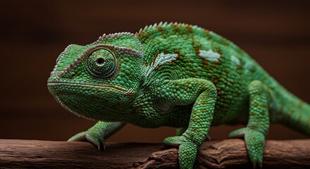 Obraz premium Vibrant green chameleon on branch detailed reptile wildlife close up