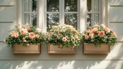 Fototapeta premium Elegant window boxes with peach roses and greenery