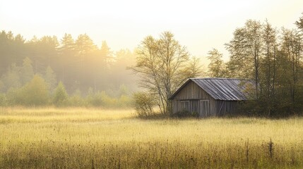 Fototapeta premium Rustic wooden house in a golden field at dawn