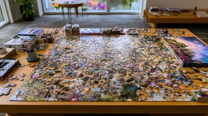 Engage Your Mind With A Complex Puzzle Arrangement On A Wide Table For Brain Teasers