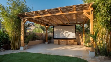 Fototapeta premium Upgrade your patio with bamboo screen covers and stamped concrete flooring for chic shade foundation