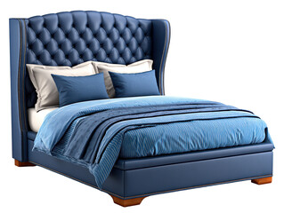 Luxurious blue bed with tufted velvet headboard and striped bedding creates cozy and elegant bedroom atmosphere