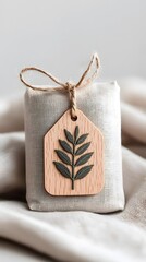 Wrapped Gift with Wooden Leaf Tag on Neutral Fabric