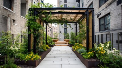 Fototapeta premium Enhance your garden with an arbor featuring steel tube frame and sandblasted stone welcoming elegance