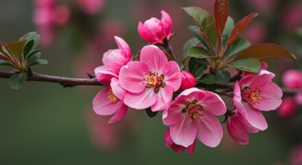 Obraz premium Pink blossoms on branch representing springtime beauty and floral freshness with green leaves