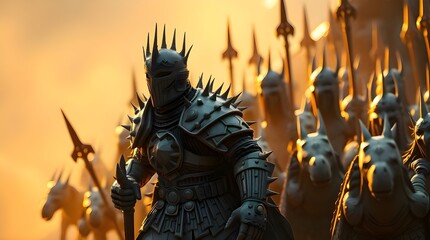Sculptural clay art depicting a Dark Knight in spiked armor leading a fantasy army, illuminated by warm golden hour light, showcasing textured modeled shapes and soft light 