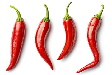 Four vibrant red chili peppers arranged in a row against a white background.  Each pepper displays a smooth, glossy surface and a pointed tip