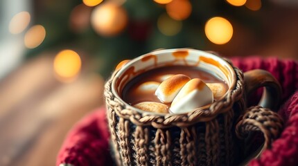 Vibrant complementary colors with a blurred bokeh effect highlight warm hot cocoa with toasted marshmallows in a cozy knitted mug, emphasizing sharp subject focus against a soft background