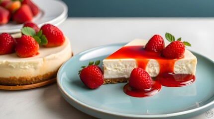 Warm terracotta and cool teal Creamy Cheesecake with Strawberries and Raspberry Sauce, earthy and cool contrast, elegant and refined, smooth surfaces, graceful presentation 