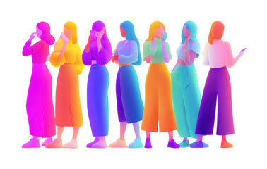 Colorful silhouettes of diverse women in stylish fashion poses, cut out - stock png.