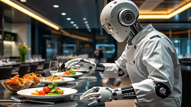 Futuristic robot chef prepares gourmet meals in modern restaurant setting
