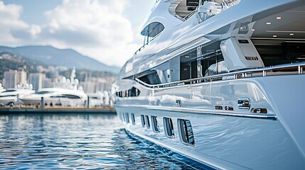 Naklejka premium Luxurious white yacht moored in calm blue waters, city buildings in the background