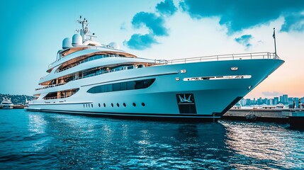 Fototapeta premium Large, multi-decked yacht docked with buildings visible against blue sky and water