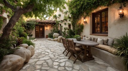 Transform Outdoor Living with a Chic Patio Featuring Textured Stucco Walls and Rustic Flagstone Flooring