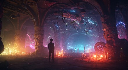 Enchanted chamber contemplation beneath arcane wonders