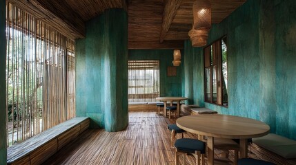 Naklejka premium Teahouse featuring rice paper walls and bamboo flooring creating serene ambiance for relaxing tea ceremonies