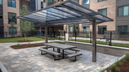Fototapeta premium Canopy design showcasing acrylic UV panels and interlocking framework for stylish sun protection and innovation