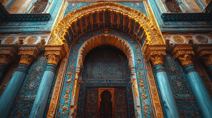 Ornate archway with intricate tilework and golden details