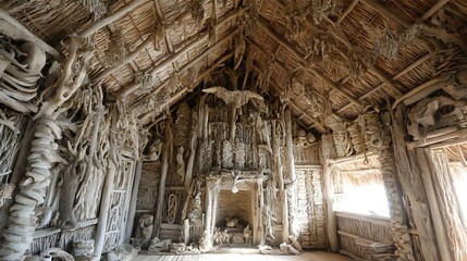 Sun bleached beach hut filled with driftwood sculptures evokes coastal nostalgia and sustainable shoreline art