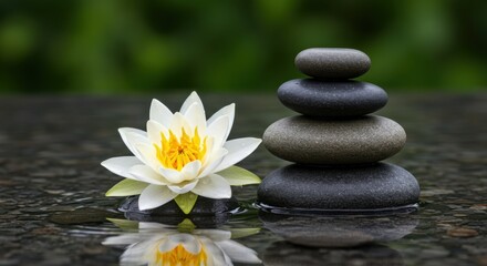 Fototapeta premium Lotus and stones representing balance and harmony with water reflection