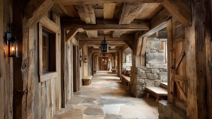 Wander through an empty rustic cabin corridor showcasing reclaimed timber walls and weathered lighting accents