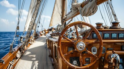 Polished wooden helm & deck of classic sailing yacht at sea