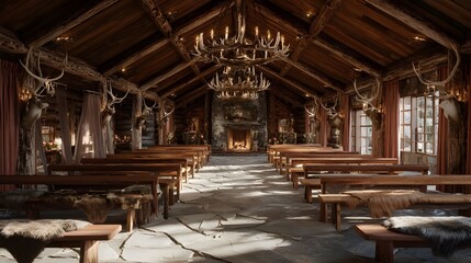 Empty mountaintop lodge wedding hall offering panoramic alpine views, customizable event layouts for intimate ceremonies