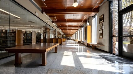 Empty university library walkway featuring mahogany shelves, grand arches creating serene passageways for scholarly reflection