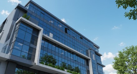 Modern office building reflecting corporate success and growth, featuring glass windows and blue sky