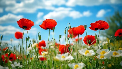 Obraz premium Red poppy plant in field with white flowers, red and green flowers, blurred background