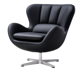 Modern black leather swivel armchair with curved design and metal base, perfect for stylish and comfortable seating