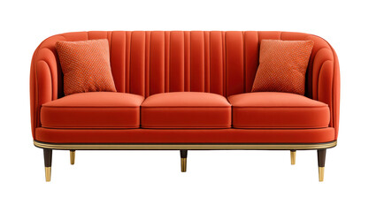 Fototapeta premium Modern orange velvet sofa with vertical channel tufting and gold accented legs, featuring two matching decorative pillows
