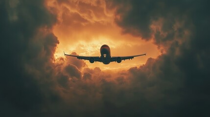 Majestic Airplane Soaring Through Sunset Clouds