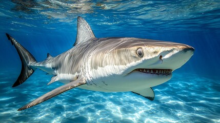 Fototapeta premium Underwater shot of a grey reef shark swimming in clear blue water