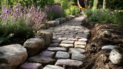Cobblestone pathway being laid through fragile historic garden restores timeless charm and enhances visitor experiences